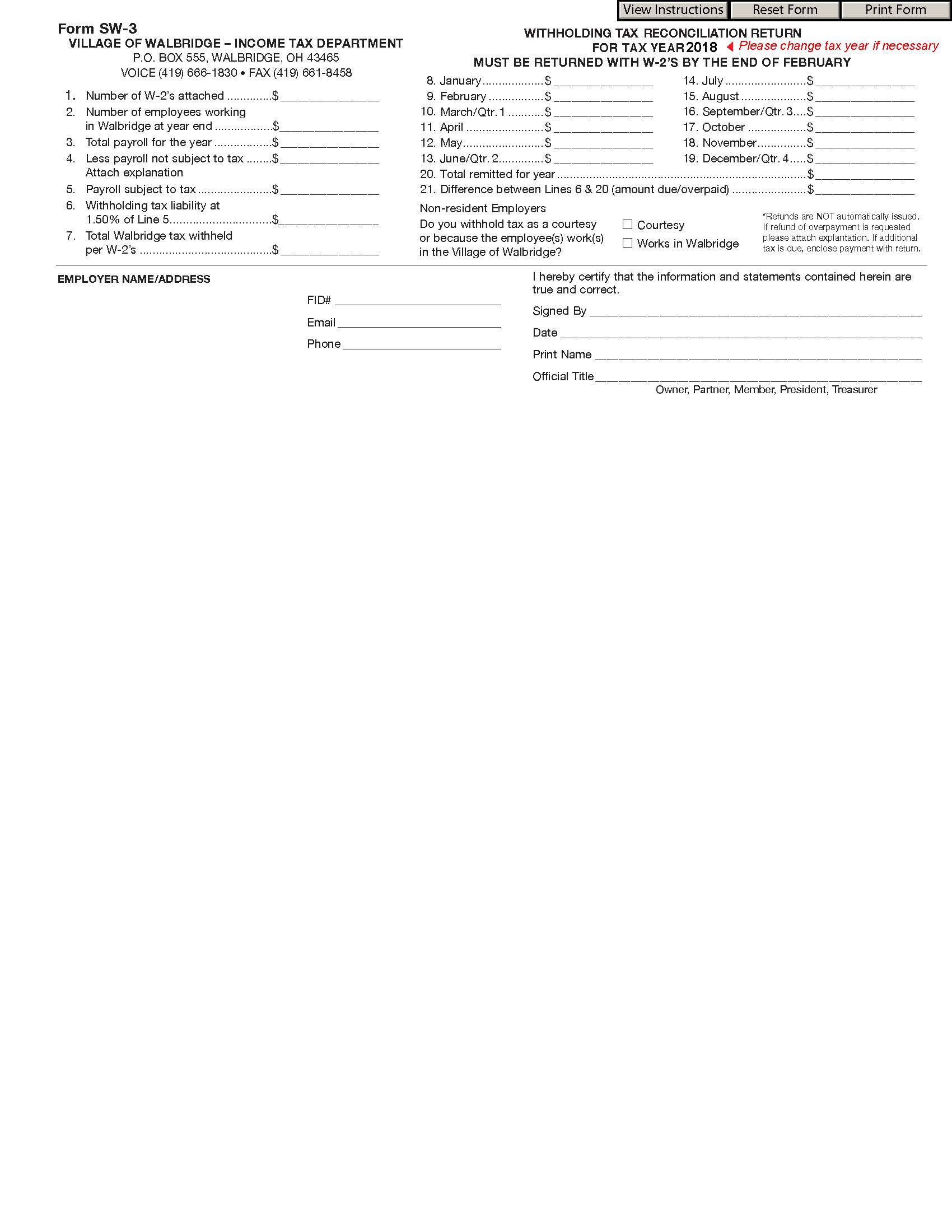 Village of Walbridge Ohio Tax Forms